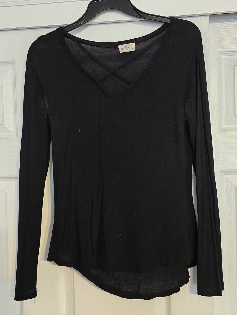 Black Long-Sleeve V-Neck Top with Crisscross Detail
